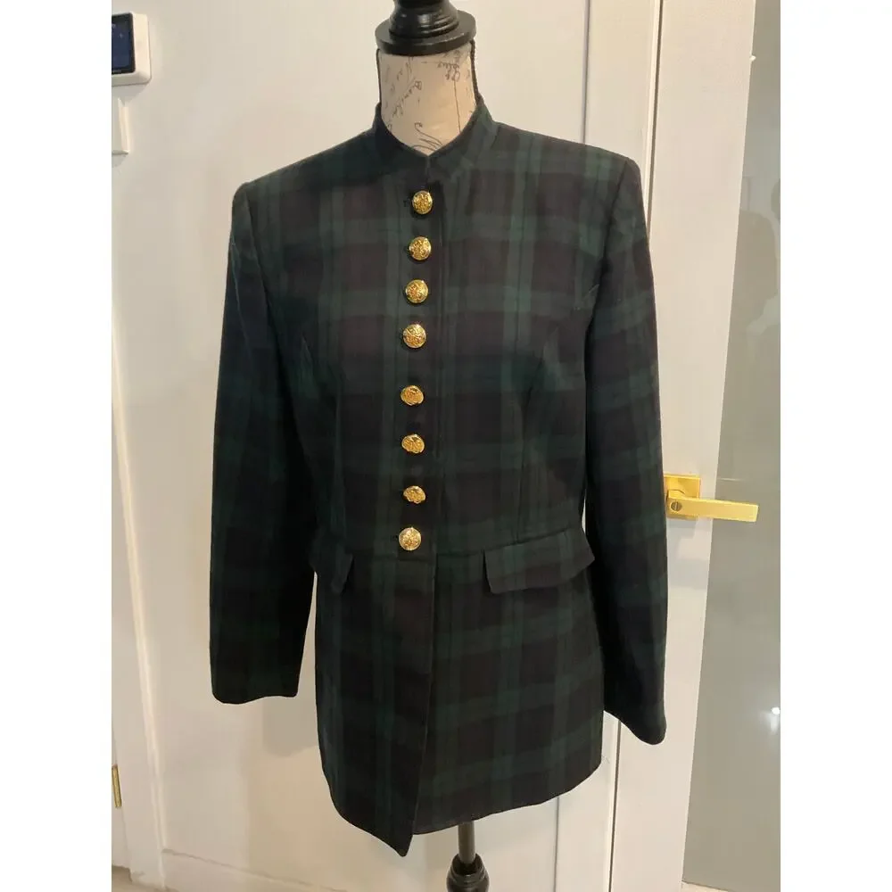 Vtg Talbots Women’s Wool Navy Green Tartan gold buttons military-style blazer 6 - Picture 4 of 16